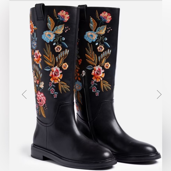 Johnny Was Shoes - 🤩 Johnny Was Bianca Black Tall Shaft Boots with Floral Embroidery. Size 10.